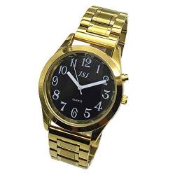 VISIONU Sprechende Armbanduhr, analog, mit Alarm, Anzeige der Uhrzeit und Datum auf Französisch, für Blinde und Sehbehinderte, goldfarben, Armband aus Edelstahl TUF-G808, Armband von VISIONU