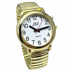 VISIONU Sprechende analoge Armbanduhr, mit Alarm, Anzeige der Uhrzeit und Datum, für Blinde und Sehbehinderte, goldfarben, goldfarben, Armband von VISIONU