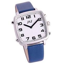 VISIONU TISW-1805IT sprechende Uhr mit Ton in Italienisch, mit Wecker und Zeitbericht, quadratisches Gehäuse mit weißem Zifferblatt, Armband aus blauem Leder von VISIONU