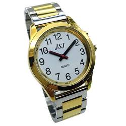 VISIONU TUF-G705 Armbanduhr, analog, mit Alarm, Anzeige der Uhrzeit und Datum, auf Französisch, für Blinde und Sehbehinderte, goldfarben, zweifarbiges Edelstahl-Armband, Armband von VISIONU