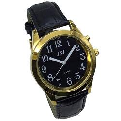 VISIONU TUF-G807 Armbanduhr, analog, mit Alarm, Uhrzeit und Datum, auf Französisch, für Blinde und Sehbehinderte, goldfarben, Armband aus schwarzem Leder, Gurt von VISIONU