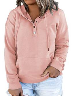 VISLILY Damen-Plus-Size-Hoodies Knöpfe Kragen Kapuzen-Sweatshirts Kordelzug Pullover Tops mit Kängurutasche XL-4XL, A-rosa, 52 Große Größen von VISLILY