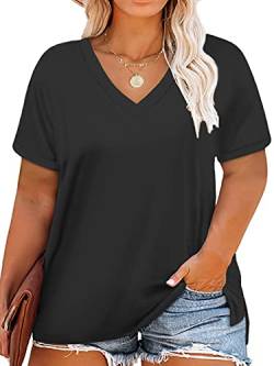 VISLILY Damen-T-Shirt, Übergröße, V-Ausschnitt, Rollärmel, Sommer, seitlich geteiltes T-Shirt, 02_schwarz, 46 plus von VISLILY