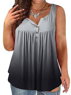 VISLILY Damen-Tank-Tops in Übergröße, ärmellos, Henley-Shirt, Knopfleiste, Tunika, fließende Plissee-Blusen, 26-Ombre-Grau, 22 Plus von VISLILY