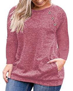 Vislily Damen Übergröße Tops Langarm Knöpfe Casual Hemd mit Taschen - Pink - 54 von VISLILY