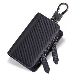 VISOUL Auto Schlüsselhülle Halter Doppelreißverschluss, Leder Auto Smart Key Fob Case mit Schlüsselanhänger für Männer und Frauen, carbon schwarz, Carbon Black, Vintage von VISOUL