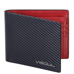 VISOUL Brieftasche aus Leder aus Carbonfaser mit RFID-Blockierung, Geldbörse aus echtem Leder mit 1 ID-Fenster, 2 Geldfächer und 14 Kreditkartenfächern, Schwarz + Rot, Klassisch von VISOUL