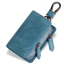 VISOUL Leder Autoschlüssel Schlüsselanhänger Hülle Halter für Männer und Frauen, Doppelreißverschluss Schlüsseltasche Tasche mit Schlüsselanhänger und Fernbedienung Metallhaken, Blau, Medium, Casual von VISOUL