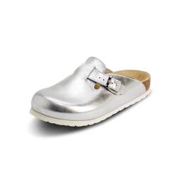 VITAFORM® Clogs für Damen und Herren I mit Kork-Fußbett I Hausschuhe I italienisches Leder I Arbeitsschuhe für Pflegepersonal Pflege I Gesundheitsschuhe I Naturkork I Gelenkschonend Silber 35 von VITAFORM