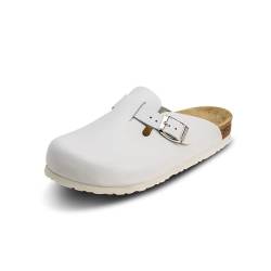 VITAFORM® Clogs für Damen und Herren I mit Kork-Fußbett I Hausschuhe I italienisches Leder I Arbeitsschuhe für Pflegepersonal Pflege I Gesundheitsschuhe I Naturkork I Gelenkschonend dämpfend weiß 40 von VITAFORM