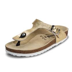 VITAFORM® Zehentrenner für Damen I Sandalen Pantoletten I Sommer-Schuhe I Strandschuhe I Leder I Naturkork-Sohle I Luftpolsterung I anatomisch geformtes Fußbett I Gelenkschonend dämpfend gold 37 von VITAFORM