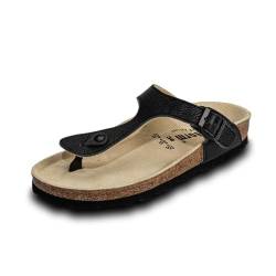 VITAFORM® Zehentrenner für Damen I Sandalen Pantoletten I Sommerschuhe I Strandschuhe I Leder I Naturkork-Sohle I Luftpolsterung I anatomisch geformtes Fußbett I Gelenkschonend- Dämpfend I Schwarz 41 von VITAFORM