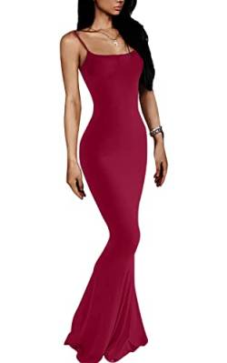 VIUTIL Damen Maxi Bodycon Kleid Sexy Spaghettiträger Ärmellos Enge Slip Lange Kleider 2023, Weinrot, Klein von VIUTIL