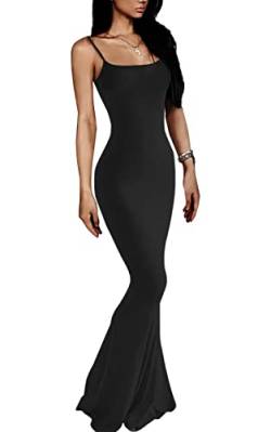 VIUTIL Damen Maxi Bodycon Slip Kleid Sexy Spaghettiträger Ärmellos Low Cut Lange Kleider, Schwarz (1), X-Groß von VIUTIL