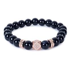 VIVAANTA® Echt Naturstein Armband mit Rosegold Polygon mit besetzten Zirkonen und 8mm Naturstein Perlen (Obsidian) von VIVAANTA