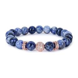 VIVAANTA® Echt Naturstein Armband mit roségoldener Kugel mit besetztem Zirkon und 8mm Naturstein Perlen (Sodalith (blau)) von VIVAANTA