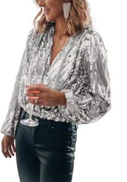 Damen Pailletten T-Shirts Glitzer V-Ausschnitt Bluse Damen Vintage Shiny Tops Sparkle Shirts Pullover Größe S-2XL von VIVICOLOR