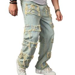 Herren-Stacked-Jeans, Slim-Fit-Jeans, Stacked-Denim-Hosen, Patch-Stacked-Hip-Hop-Jeans, Streetwear von VIVICOLOR