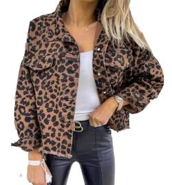 VIVICOLOR Damen-Jeansjacke mit Leopardenmuster, Jeansjacke mit Leopardenmuster, lässiger Jeansmantel mit Knopfleiste von VIVICOLOR