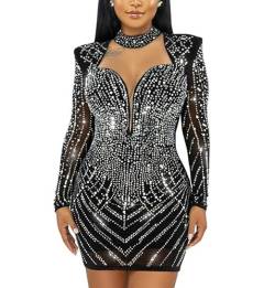 VIVICOLOR Frauen Sexy Gliter Strass Durchsichtig Mesh Kleid Langarm Hot Drilling Prozess Bodycon Mini Kleid Cocktail Party von VIVICOLOR