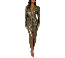 VIVICOLOR Langärmliges, figurbetontes Metallic-Kleid. Langes, gerüschtes Wetlook-Partykleid mit Metallic-Effekt. Glänzendes, glitzerndes Cocktail-Maxikleid mit Schlitz von VIVICOLOR