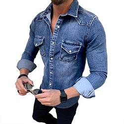 VIVICOLOR Western-Jeanshemd Button-Down-Jeanshemden Jeanshemden FüR Herren Blau Gewaschenes Jeanshemd von VIVICOLOR