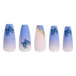 Schmetterling Sarg Gefälschte Nägel Matt Blau Acryl Drücken Sie auf Glitter Gradient Full Cover Falsche Nagelspitzen Art DIY von VIVID STELLA