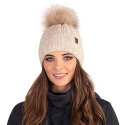 VIVISENCE Dame Bommel Mütze Kopfbedeckung Winter Warm Dick Gemustert 7019, In EU Hergestellt, Beige,Einheitsgröße von VIVISENCE