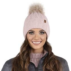 VIVISENCE Dame Bommel Mütze Kopfbedeckung Winter Warm Dick Gemustert 7019, In EU Hergestellt, Rosa,Einheitsgröße von VIVISENCE