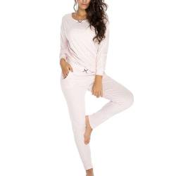 VIVISENCE Dame Schlafanzug 2-Teiliges Set Pyjama Bluse Hose Gemustert Tupfen 2023, Pink,40 von VIVISENCE