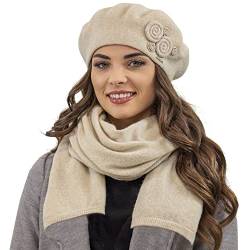 VIVISENCE Damen Baskenmütze Eleganter Wintermütze Und Schal Set Warm Kopfbedeckung Und Halsbedeckung An Winter Und Herbst Warm Dick, Winterset Für Frauen, Hergestellt In EU, Beige von VIVISENCE