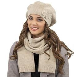 VIVISENCE Damen Baskenmütze Eleganter Wintermütze Und Schal Set Warm Kopfbedeckung Und Halsbedeckung An Winter Und Herbst Warm Dick, Winterset Für Frauen, Hergestellt In EU, Beige von VIVISENCE