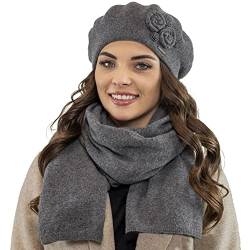 VIVISENCE Damen Baskenmütze Eleganter Wintermütze Und Schal Set Warm Kopfbedeckung Und Halsbedeckung An Winter Und Herbst Warm Dick, Winterset Für Frauen, Hergestellt In EU, Dunkelgrau von VIVISENCE