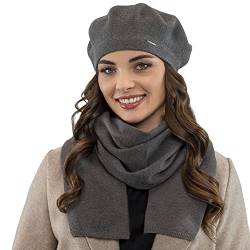 VIVISENCE Damen Baskenmütze Eleganter Wintermütze Und Schal Set Warm Kopfbedeckung Und Halsbedeckung An Winter Und Herbst Warm Dick, Winterset Für Frauen, Hergestellt In EU, Dunkelgrau von VIVISENCE