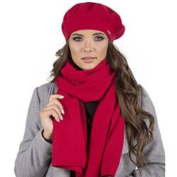 VIVISENCE Damen Baskenmütze Eleganter Wintermütze Und Schal Set Warm Kopfbedeckung Und Halsbedeckung An Winter Und Herbst Warm Dick, Winterset Für Frauen, Hergestellt In EU, Rot von VIVISENCE