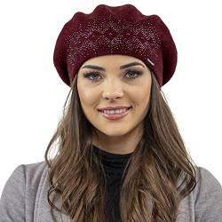 VIVISENCE Damen Baskenmütze Eleganter Wintermütze Warm Und Gemütlich Kopfbedeckung An Winter Und Herbst Warm Dick Strickmütze, Klassisch Mütze Für Frauen, Hergestellt In EU, Weinrot von VIVISENCE