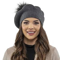 VIVISENCE Damen Baskenmütze Mit Bommel Eleganter Wintermütze Warm Und Gemütlich Kopfbedeckung An Winter Und Herbst Warm Dick Strickmütze, Klassisch Mütze Für Frauen, Hergestellt In EU, Dunkelgrau von VIVISENCE