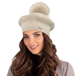 VIVISENCE Damen Baskenmütze Mit Bommel Eleganter Wintermütze Warm Und Gemütlich Kopfbedeckung An Winter Und Herbst Warm Dick Strickmütze, Klassisch Mütze Für Frauen, Hergestellt In EU, Beige von VIVISENCE