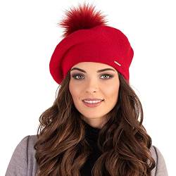 VIVISENCE Damen Baskenmütze Mit Bommel Eleganter Wintermütze Warm Und Gemütlich Kopfbedeckung An Winter Und Herbst Warm Dick Strickmütze, Klassisch Mütze Für Frauen, Hergestellt In EU, Rot von VIVISENCE