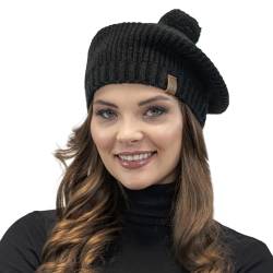VIVISENCE Damen Baskenrmütze Warm Bequem Kopfbedeckung Bommel Winter 7074, Schwarz,Einheitsgröße von VIVISENCE
