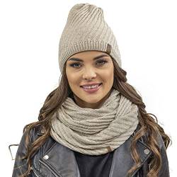 VIVISENCE Damen Beanie Wintermütze Und Loop Schal Set Warm Kopfbedeckung Und Halsbedeckung Für Herbst Und Winter Warm Dick, Winterset Für Frauen, Hergestellt In Der EU, Beige von VIVISENCE