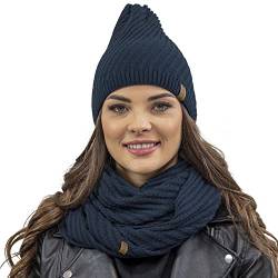 VIVISENCE Damen Beanie Wintermütze Und Loop Schal Set Warm Kopfbedeckung Und Halsbedeckung Für Herbst Und Winter Warm Dick, Winterset Für Frauen, Hergestellt In Der EU, Dunkelblau von VIVISENCE