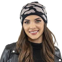 VIVISENCE Damen Beanie Wintermütze Warm Und Bequem Kopfbedeckung Für Herbst Und Winter Warm, Gemustert, Klassisch Mütze Für Frauen, Hergestellt In EU, Schwarz-Beige von VIVISENCE