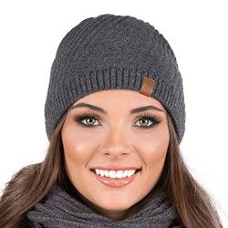 VIVISENCE Damen Beanie Wintermütze Warm Und Bequem Kopfbedeckung Für Herbst Und Winter Warm Dick Strickmütze, Klassisch Mütze Für Frauen, Hergestellt In Der EU, Dunkelgrau von VIVISENCE