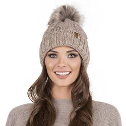 VIVISENCE Damen Bommelmütze, Warm Und Bequem Kopfbedeckung Für Herbst Und Winter, Wintermütze Mit Bommel, Warm Dick Strickmütze, Klassisch Mütze Für Frauen, Hergestellt In Der EU, Beige von VIVISENCE