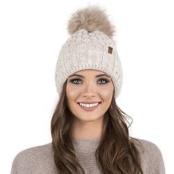 VIVISENCE Damen Bommelmütze, Warm Und Bequem Kopfbedeckung Für Herbst Und Winter, Wintermütze Mit Bommel, Warm Dick Strickmütze, Klassisch Mütze Für Frauen, Hergestellt In Der EU, Beige von VIVISENCE