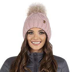 VIVISENCE Damen Bommelmütze, Warm Und Bequem Kopfbedeckung Für Herbst Und Winter, Wintermütze Mit Bommel, Warm Dick Strickmütze, Klassisch Mütze Für Frauen, Hergestellt In Der EU, Rosa von VIVISENCE