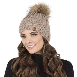 VIVISENCE Damen Bommelmütze, Warm Und Bequem Kopfbedeckung Für Herbst Und Winter, Wintermütze Mit Bommel, Warm Dick Strickmütze, Klassisch Mütze Für Frauen, Hergestellt In EU, Beige von VIVISENCE