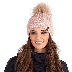 VIVISENCE Damen Bommelmütze, Warm Und Bequem Kopfbedeckung Für Herbst Und Winter, Wintermütze Mit Bommel, Warm Dick Strickmütze, Klassisch Mütze Für Frauen, Hergestellt In EU, Rosa von VIVISENCE