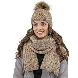 VIVISENCE Damen Bommelmütze Und Schal Set Warm Kopfbedeckung Und Halsbedeckung Für Herbst Und Winter Warm Dick, Wintermütze Mit Bommel, Winterset Für Frauen, Hergestellt In Der EU, Beige von VIVISENCE